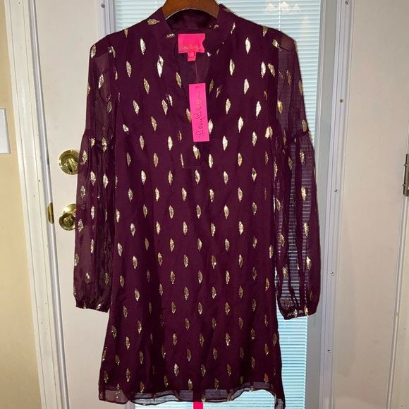 Lilly Pulitzer NWT Shea Silk Dress Cabernet Berry Diamond Clip - Picture 2 of 16